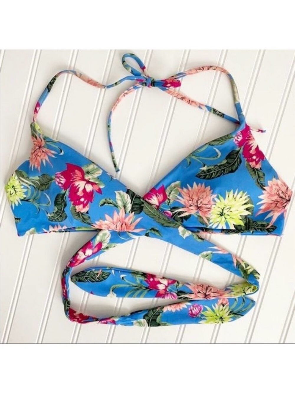 Tori Praver Bikini Top Size Large Blue Floral Halter Wrap Swim Tropical Vacation